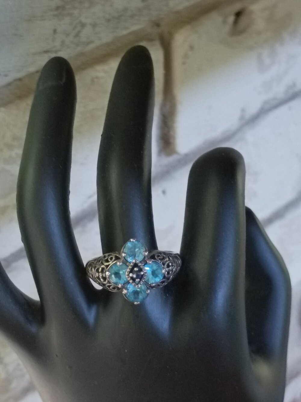 Vintage Estate Large Sterling Blue Gemstone Filigree Ring